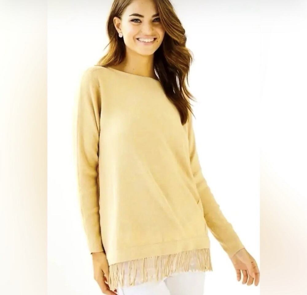 Lilly Pulitzer Glenda Coolmax Fringe Sweater Womens Small Tan Sand Bar Pullover